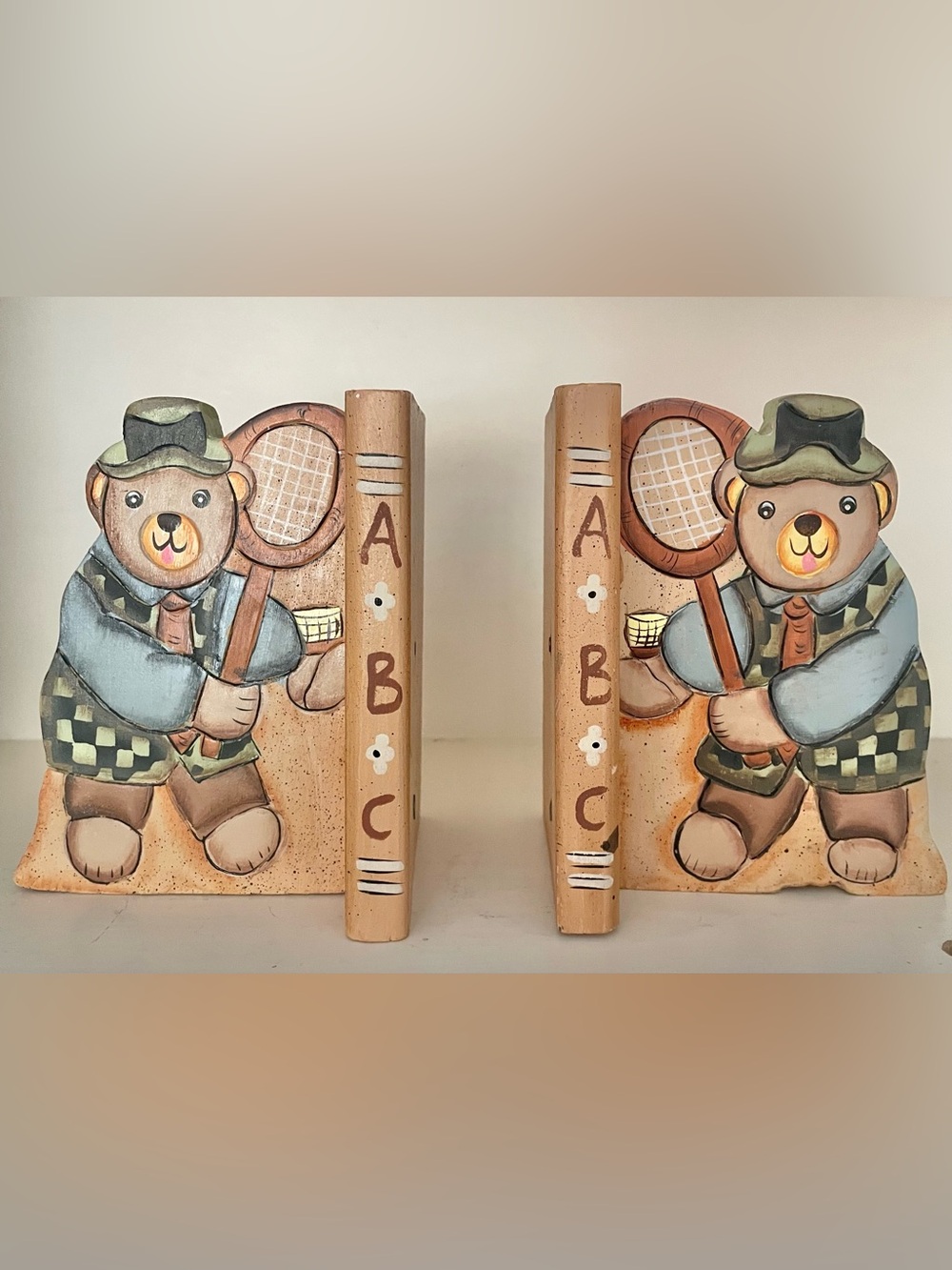 Vintage Teddy Bear Badminton Bookends Hand Painted Wood ABC Nursery Decor
